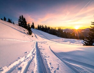 Snowy mountain landscape at sunset, with ski tracks leading toward a radiant sun