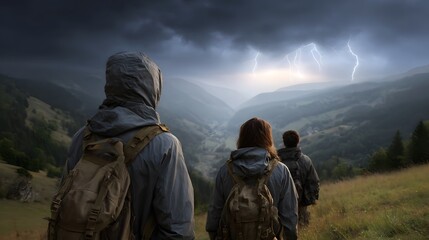 Hikers observe a dramatic lightning storm over a mountain valley
