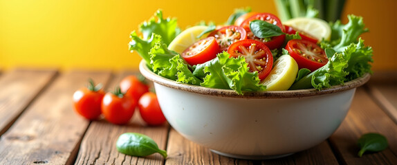 A vibrant salad delivery display highlighting a colorful salad bowl filled with fresh ingredients, artfully arranged with plenty of copy space for branding.