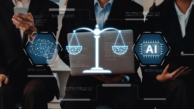 Business professionals engage in a discussion about the ethical implications of artificial intelligence, showcasing digital scales of justice and technology integration. Raster