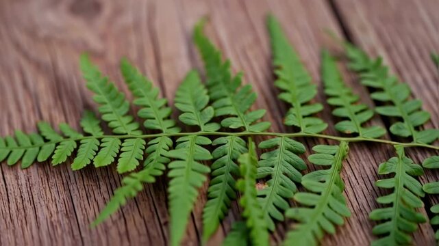 Green fern frond resting on a textured wooden surface, showcasing intricate leaf patterns