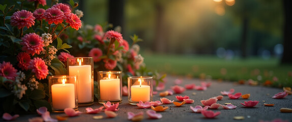 An intimate remembrance tribute at a park features a stunning arrangement of candles and flowers, radiating tranquility and creating a peaceful environment with good copy space.