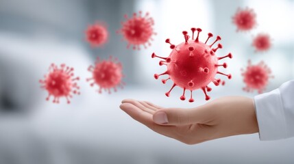 Hand reaching out to interact with floating red virus particles, illustrating medical errors in COVID treatment and their significant implications