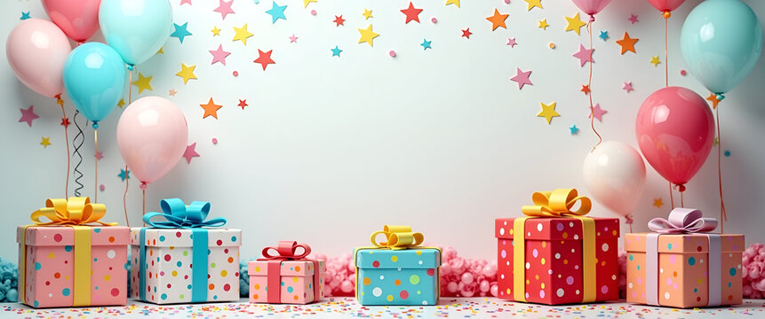 A colorful and artistic display of birthday gifts ready for a celebration, allowing for negative space that makes the scene easy to customize with personalized messages.