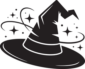 A bold black silhouette of a classic Halloween witch hat paired with a whimsical wizard hat,