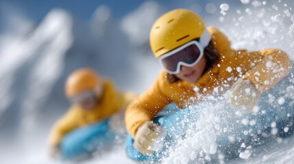 Two happy young people in yellow jackets sliding down snowy slope, enjoying winter sports in a vibrant and exhilarating outdoor environment