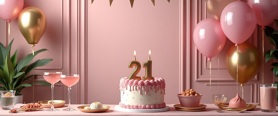 A chic 21st birthday celebration featuring a classy backdrop, complete with elegant decor and a stylish birthday cake, allowing for copy space for branding.