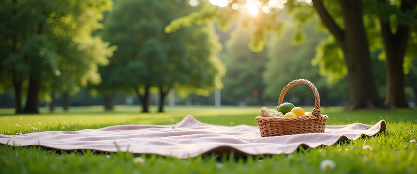 A minimalistic composition showcasing an inviting picnic setup in a lush green park, ensuring ample copy space for promotional text alongside the blanket.