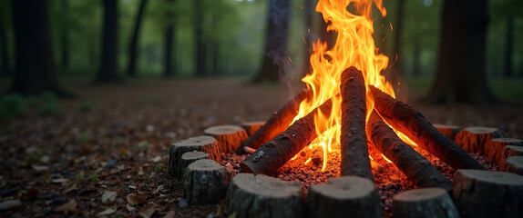 An inviting outdoor bonfire surrounded by logs and soft glowing embers, placed within a wooded area, allowing for personalized messaging in the surrounding space.
