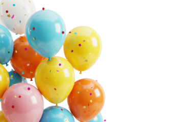 Numerous spherical matte balloons in vibrant colors (sky blue, yellow, orange, pink, white), some with visible confetti, on a transparent background with falling multicolored confetti, lively festive