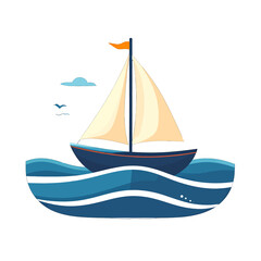 Pixel Art Sailboat on Blue Waves Under a Cloudy Sky with Orange Flag and Flying Birds
