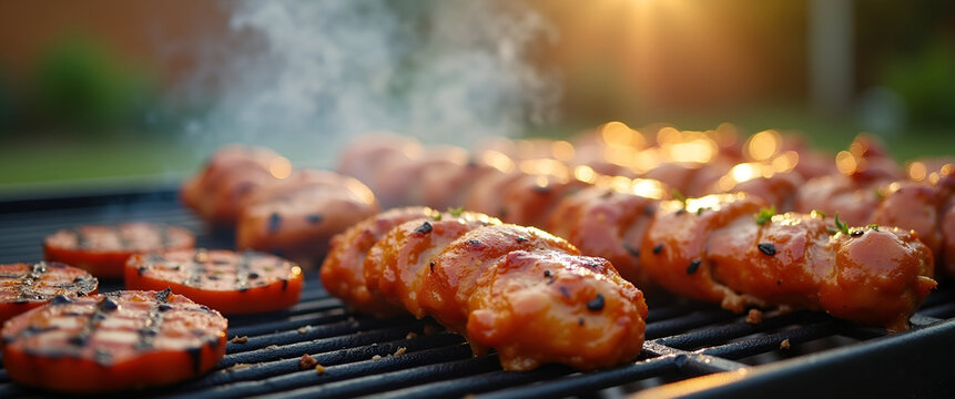 A close-up of grilling food at a cheerful backyard barbecue event, infused with bright colors and ample space for copy while feeling inviting and warm.