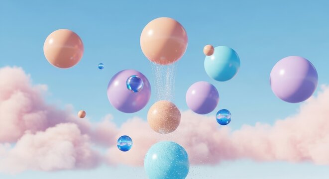 Abstract floating spheres dreamy sky clouds pastel colors