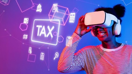 A smiling young woman wearing a VR headset enjoys an immersive virtual reality experience featuring tax symbols, exploring modern finance and technology in a vibrant setting. Raster - Powered by Adobe