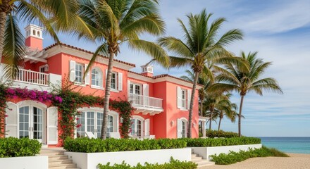 Fototapeta premium Luxurious coral beachfront mansion with palm trees