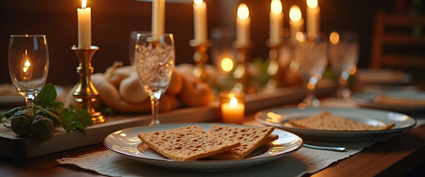 A beautifully arranged Passover dinner table adorned with traditional Seder plate, matzah, and candlelight, capturing the essence of heritage with ample copy space.