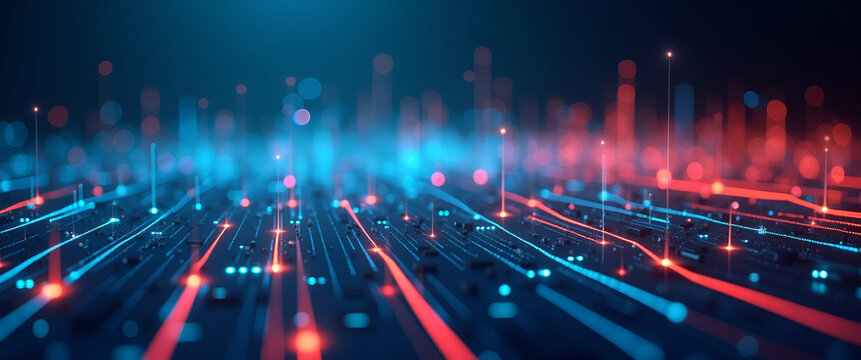 A vibrant abstract representation of innovation and technology adoption, emphasizing leading lines and ample copy space to highlight modern advancements. - Powered by Adobe