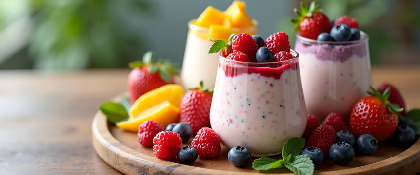 A vibrant assortment of dairy-free yogurt topped with fresh fruits displayed on a wooden table, emphasizing healthy eating and clean living. Ample copy space accompanies.