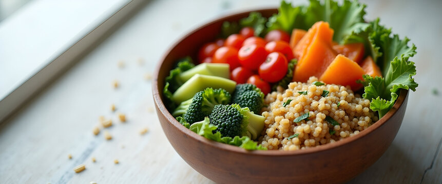 An enticing quinoa healthy lunch displayed in an elegant bento box, featuring various ingredients, with negative space to highlight the meal and emphasize freshness.