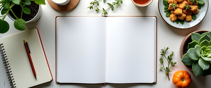 A serene workspace featuring elements of holistic living, including plants, journals, and a vegan meal set up, with intentional copy space for motivational content.