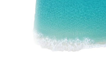 High-angle aerial of sapphire blue ocean water washing transparent sand, delicate receding sea foam, soft diffused light, transparent background, copy space. Concept of serene luxury travel