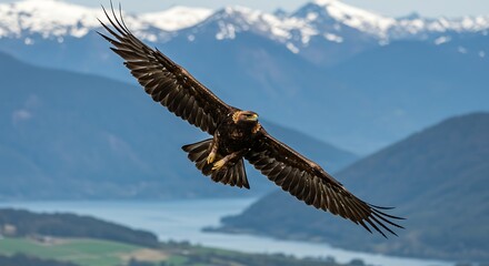 Majestic raptor soaring in flight against a backdrop of snow-capped mountains and a fjord