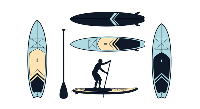 Vector illustration of stand-up paddleboarding gear, featuring multiple SUP board designs, a paddle, and a person enjoying the sport.