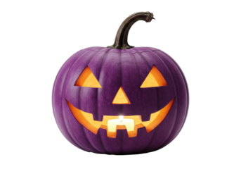 Deep purple Halloween jack-o'-lantern, carved with friendly eyes and grinning mouth, glowing within, against a transparent background, soft studio lighting, copy space, iconic Halloween festivity