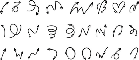Cute line doodle arrows set. Comic, cartoon motion expression design elements. Bounce, swirl, twist, movement effect  black and white line art