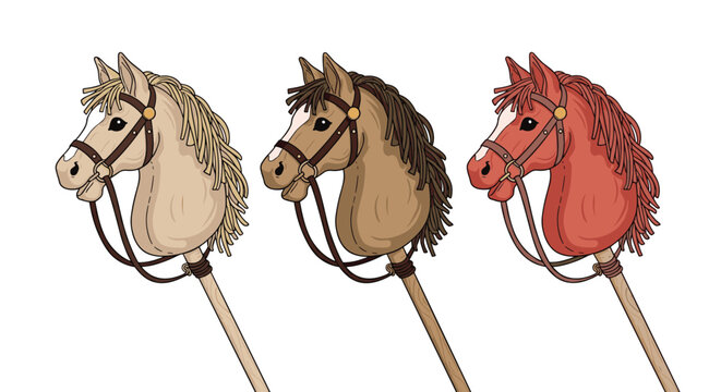 Three illustrated hobby horses on sticks, featuring different colors and bridles, presented on a clean white background.