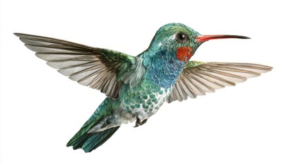 Fototapeta premium A beautiful hummingbird flits gracefully in mid air displaying its vibrant green and red feathers under bright light. This scene highlights the bird's agility and charm in nature.