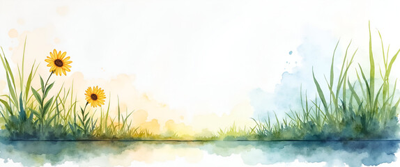 A watercolor painting showcasing various aspects of mental wellbeing in a tranquil setting, providing ample copy space for uplifting messages or branding.