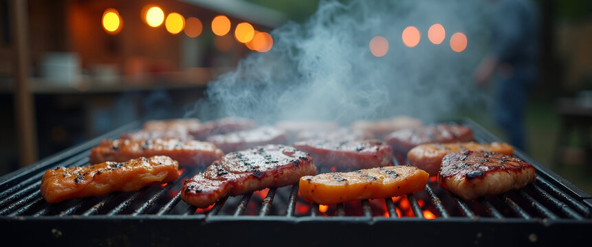 A captivating shot of smoke wafting from a barbecue grill filled with various meats, creating an atmospheric scene rich in detail and with an open space for text or branding.