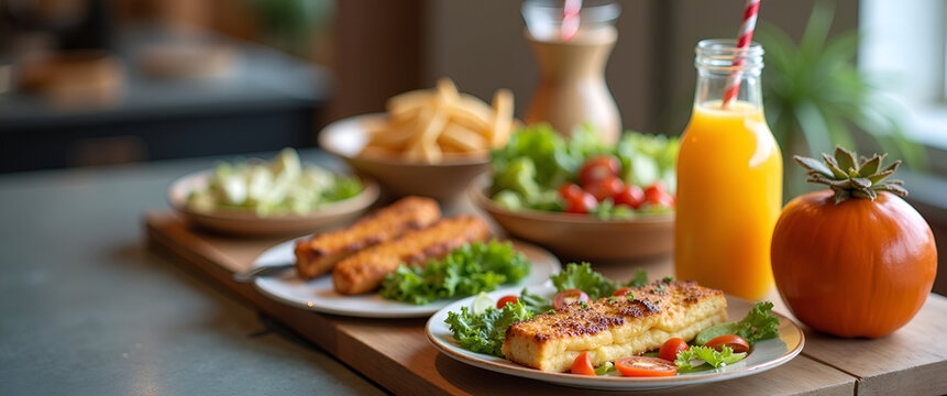 An engaging portrayal of lunch trends showcasing modern meal options in an inviting setup, featuring open space on one side for promotional text or branding purposes.