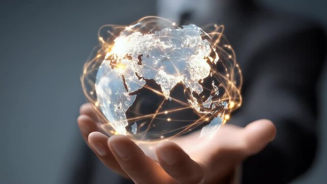 Hand holding a holographic globe with interconnected network
