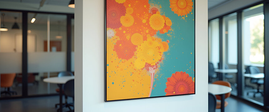 A vibrant motivational poster display in an office corner, designed with ample copy space to instill motivation and enthusiasm for daily productivity.