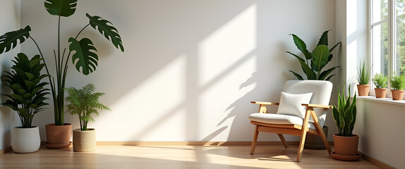A beautifully arranged self-care corner with natural light, lush plants, and a comfortable chair, utilizing negative space for a harmonious atmosphere of tranquility.