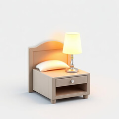Charming bedside table with a glowing lamp and soft pillow, perfect for illustrating cozy bedroom scenes, relaxation guides, or interior design inspiration with a touch of serenity