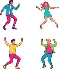 Cartoon dancers in colorful outfits, expressive dance poses, joyful movement illustration, vibrant character design, animated energy, fun celebration, dynamic performance scene