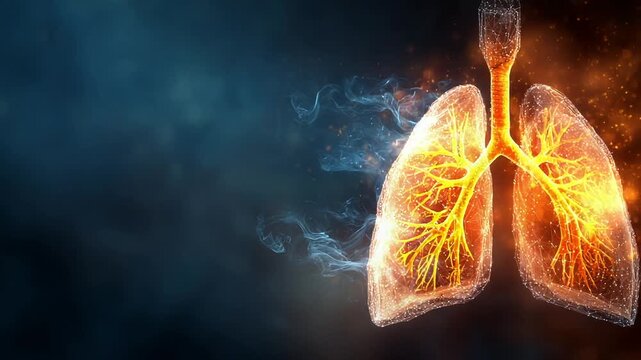 Glowing human lungs with fiery inflammation on one side and cool smoke on the other, symbolizing respiratory health and disease.
