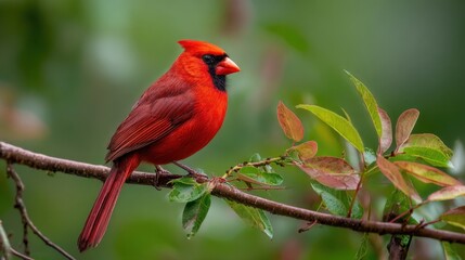 A vibrant red cardinal sits elegantly on a branch. Its striking color contrasts beautifully with the lush green leaves in a serene outdoor setting on a sunny day.