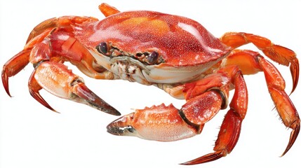A vibrant crab displays its glossy red shell and large claws while resting on a flat surface. The creature's intricate details and colors highlight its beauty inviting admiration.