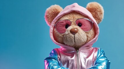 A stylish toy bear wearing a shiny jacket and sunglasses stands confidently with its arms crossed showcasing a fun and playful vibe against a bright blue backdrop.