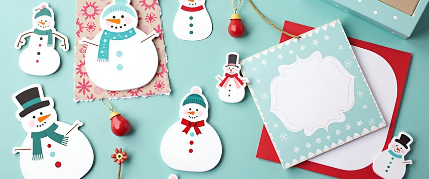 A playful set of snowman-themed stickers displayed on vibrant stationery, emphasizing creativity and fun. Allow for copy space in the design for personalisation.