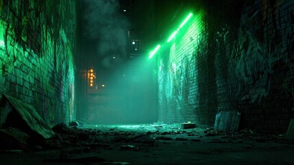 A dimly lit alleyway illuminated by green neon lights, featuring graffiti on brick walls and debris scattered on the ground, creating a mysterious urban atmosphere.