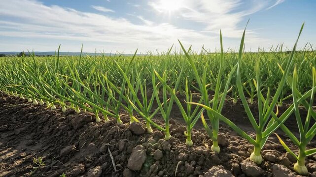 Rows Of Young Green Onion Plants Growing In Fertile Soil Under Bright Sunlight In A Field With A Blue Sky And Wispy Clouds