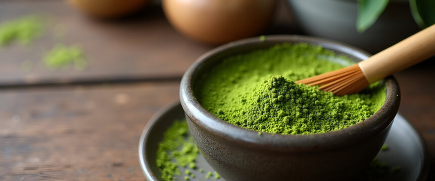 A serene matcha brewing guide set on a wooden countertop, featuring traditional tools like a whisk and bowl, with the focus on the ingredients and ample negative space for text.