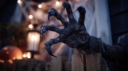 A spooky decoration features a clawed hand reaching over a wooden fence at a Halloween display. Surrounding it are string lights and pumpkins adding to the eerie atmosphere.