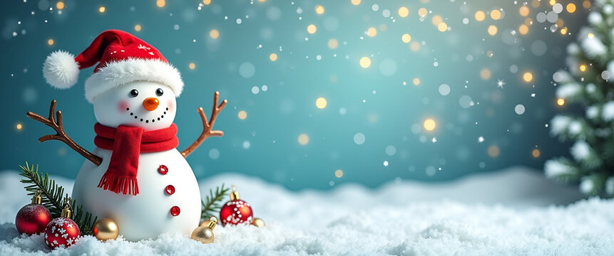 A festive snowman banner adorned with holiday decorations, capturing the spirit of celebration. Ensure there is space available for custom text within the design.
