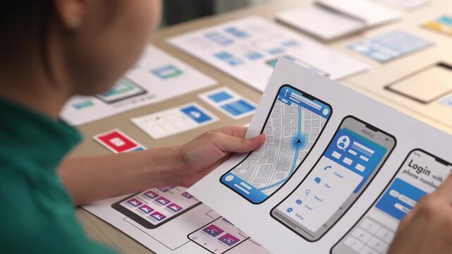 Excellent startup company employee planning for user interface prototype for mobile application or website in office with model on desk. UX UI designer consider user friendly interface plan. Synergic